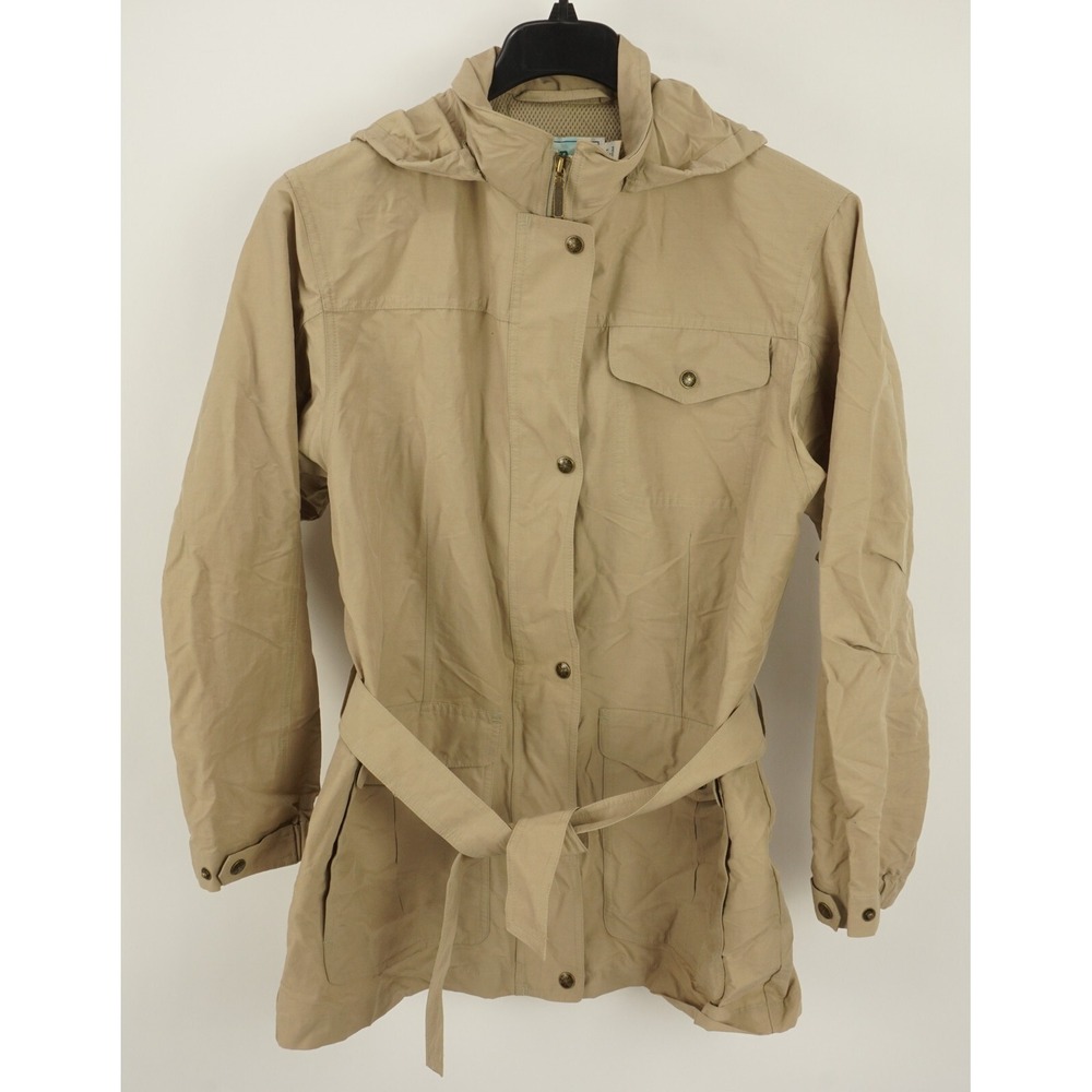 Vintage LL Bean Women's Medium Khaki Belted Packable Hood Vented Full Zip Coat